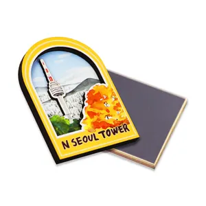 Logo kustom kayu 70X50 Mm Magnet Seoul Korea Souvenir kustom 3D negara kayu Magnet kulkas
