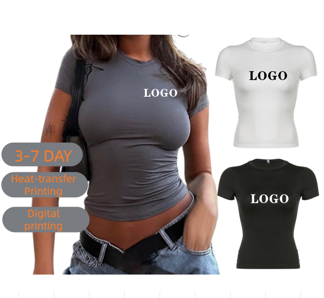 Wholesale Custom Logo Women's T-shirts Summer Soft Tee Crop Top Solid Color Slim Fit Short Sleeve T-shirt