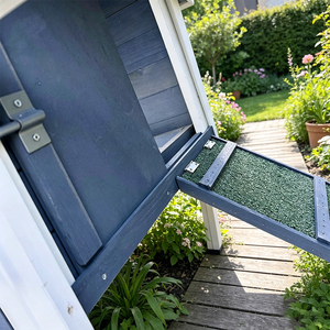 Elegante gallinero pintado en dos tonos con ventana decorativa, rampa, tapete y corral de malla completa, perfecto para jardín y huerto familiar. - Product Image 4