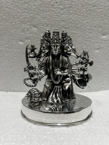 Statue de Hanuman à cinq têtes et dix bras, finition argentée, en métal, pour temple religieux, statues de dieux en argent pur - Product Image 1