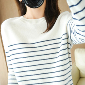 <span class=keywords><strong>Pull</strong></span> en coton tricoté 100% pour <span class=keywords><strong>femme</strong></span>, rayé, col rond, grandes tailles, coupe ample, manches longues, élégant - Product Image 1