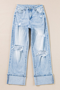 Jeans de Mezclilla Desgastados de Talle Alto, Corte Recto y Ajustado, Color Azul Claro, Estilo Casual de Verano para Mujer, Marca Shewin 2025 - Product Image 4