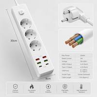 Regleta de alimentación al por mayor con logotipo personalizado, estándar europeo Schuko, de cobre y ABS, 10A, 3 tomas, cable de extensión, 4 USB, 2 USB C PD de carga rápida y protección contra sobretensiones.