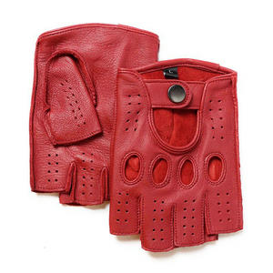 Guantes de Motociclista Retro de Cuero Genuino para <span class=keywords><strong>Hombre</strong></span>, de Medio <span class=keywords><strong>Dedo</strong></span>, Perforados y Transpirables, con Diseño en Contraste - Product Image 5