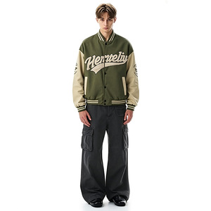 Men's <b>Corduroy</b> Varsity <b>Jacket</b> Green Beige Embroidered Letter Logo Turn-down Collar Casual Autumn Wear - Product Image 2