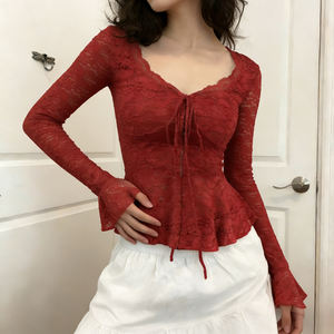 Blusa Elegante Casual de Mujer con Cuello V de Encaje Rojo, Manga Larga, Lazo Frontal y Mangas Acampanadas, Nuevo Estilo 2026 - Product Image 3