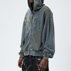 Sudadera con capucha corta de algodón lavado con efecto desgastado, con cremallera, diseño de cielo estrellado personalizado y pedrería - Product Image 3