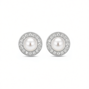 Orecchini a perno E3025 in oro bianco con perle e diamanti taglio brillante rotondo, montatura a cerchio, gioielli classici da donna - Product Image 1
