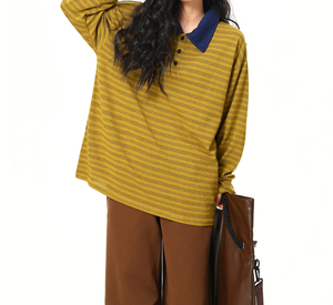 Garment Manufacturer Custom High Quality 100%cotton Maillard Striped <strong>Ladies</strong> <strong>POLO</strong> <strong>Shirt</strong> American Vintage <strong>Ladies</strong> <strong>Long</strong> <strong>Sleeve</strong> <strong>Shirt</strong> - Product Image 4