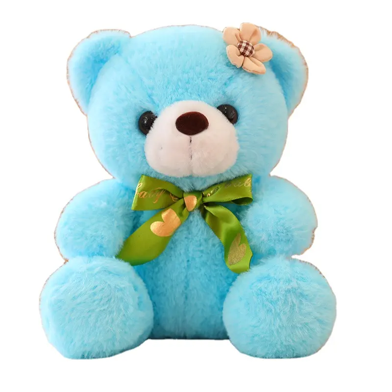 Mainan boneka beruang teddy biru 20cm, teddy bear berbulu dengan bunga mainan mewah