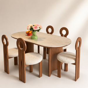 Set Tavolo da Pranzo Ovale <span class=keywords><strong>in</strong></span> Legno Massello e Sedie Stile Mid-Century Moderno di Lusso, Design <span class=keywords><strong>in</strong></span> Travertino, 4-6 Posti, Assemblato - Product Image 3