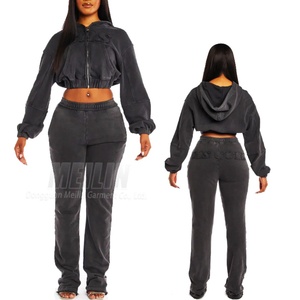 Conjunto de Sudadera con Capucha y Pantalones Deportivos para Mujer, con Logotipo Bordado, Lavado Ácido, Cierre de Cremallera, Color Negro, Dos Piezas - Product Image 1