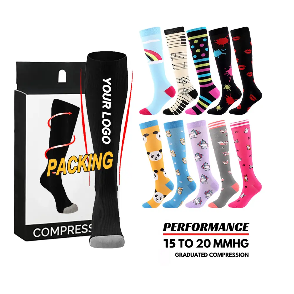 Emballage gratuit échantillon gratuit chaussettes de sport de compression genou haut bas médical 15-20 mmgh pour courir chaussettes de compression d'infirmière de sport