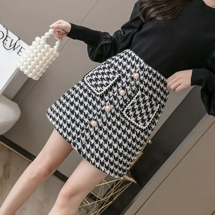 กระโปรงเอวสูงขนสัตว์ Houndstooth Kiloba,กระโปรงยาวถึงสะโพกอเนกประสงค์สำหรับผู้หญิงใส่ในฤดูหนาวปี2022