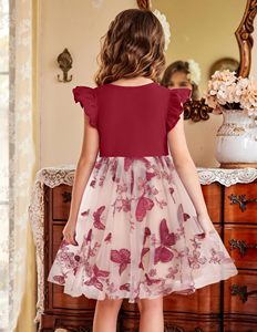 Abito da ragazza vino rosso manica volante Tutu ricamato a farfalla gonne per bambini natale festa di compleanno estate abito da principessa - Product Image 4