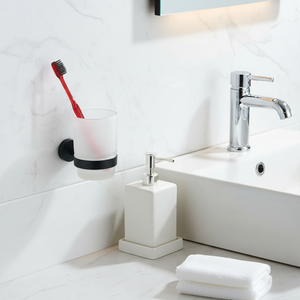 Dispenser di Sapone <span class=keywords><strong>Liquido</strong></span> da Parete <span class=keywords><strong>in</strong></span> SUS304 Nero Opaco, Porta Bicchiere <span class=keywords><strong>in</strong></span> <span class=keywords><strong>Vetro</strong></span> Satinato, <span class=keywords><strong>Portasapone</strong></span>, Accessori per il Bagno - Product Image 6