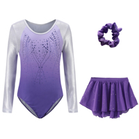 Ensemble de justaucorps de gymnastique B73 en gros à manches longues dégradé avec strass, jupe en mousseline scintillante et chouchou pour filles, idéal pour la danse et la gym