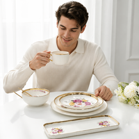 Assiettes et bols en porcelaine à motif végétal, bord doré électroplaqué, coupe cristal, forme losange, vaisselle de luxe écologique pour banquets et hôtels