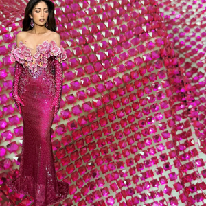 Ventes Flash : Tissu en résille Haute Couture avec grandes pierres carrées et strass <span class=keywords><strong>rose</strong></span> vif - Product Image 1