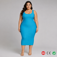 Robe moulante personnalisée grande taille pour femme, en maille extensible, col rond, cyan océan, unie, longueur midi, pour soirée et club, coupe sexy, ODM, du AU 14 au 28