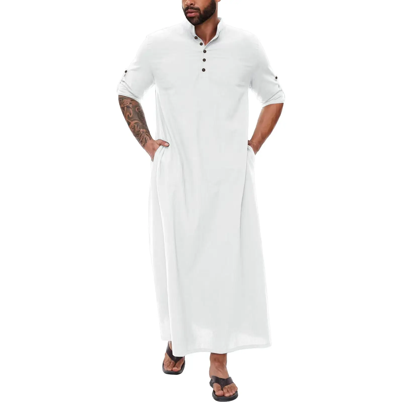 OEM Arabic Dubai Islamic abbigliamento uomo Thawb Jubba manica lunga etnico Thobes tinta unita uomo musulmano Thobe