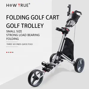 HOW TRUE High Quality Portable Golf Buggy 3 Wheel Push Trolley Foldable Aluminum-Frame Golf Bag Push Cart With Umbrella Holder