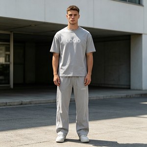 Conjunto de 400g para hombre, camiseta con cuello redondo y bordado en relieve, pantalones deportivos, conjunto de dos piezas de verano 100% algodón para hombre. - Product Image 2