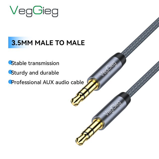 VegGieg Premium 3.5mm Male to Male AUX Audio Cable Gray Fabric Braided Metal Shell Gold-Plated Hi-Fi Stereo Aux Cord