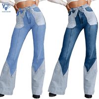 YUANBOFEI Jeans de haute qualité, directement de la source, taille mi-haute, en denim extensible d'été, patchwork, évasé, délavage à l'eau, longueur intégrale