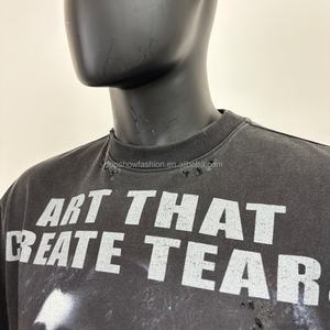 T-shirt court noir délavé à l'acide de haute qualité pour homme, avec épaules tombantes et motif graphique en coton vieilli – Fabricant TOPSHOW - Product Image 4