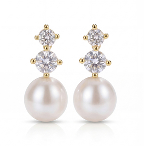 S925 <b>Silver</b> Gold Plated Double CZ Freshwater Pearl Drop Earrings Elegant Jewelry Gift for Women Brides - Product Image 1