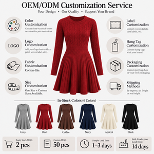 批发OEM ODM女式秋季韩版罗纹绞花针织连衣裙长袖修身圆领短裙日常甜美A字裙 - Product Image 5