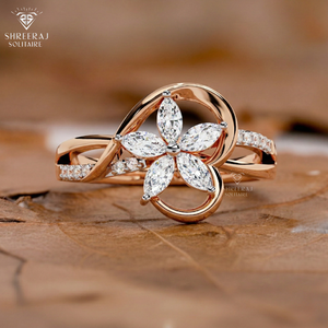 Bague Fleur en Or Rose Massif 14K 18K avec Diamant de Laboratoire Certifié IGI Qualité VVS Coupe Marquise Minimaliste pour Femme – Fiançailles - Product Image 4