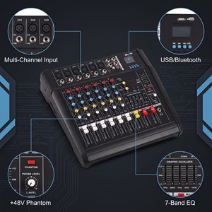 Console de mixage audio 6 voies alimentée par sonorisation en direct, 200W à 8 ohms avec moniteur casque pour salles scolaires et petites manifestations - Product Image 2