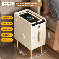 Table de chevet intelligente en bois avec haut-parleur Bluetooth, design convertible, utilisation hôtelière, petite lampe LED, port USB, charge sans fil, lecteur d'empreintes digitales