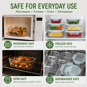 8個入りガラス製食品保存容器 ホウケイ酸ガラス製気密ミールプレップ容器セット BPAフリー蓋 冷凍庫・食洗機対応 - Product Image 6