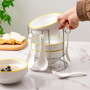 Juego de tazones nórdicos de cerámica blancos de 5.5 pulgadas con cuchara para servir ensaladas y desayunos, para uso doméstico en la cocina. - Product Image 2