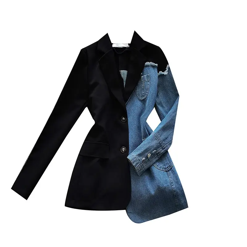 Special Design Suit Stitching Denim Coat Women Irregular Single Breasted Slim Jacket Fashion Patchwork Loose Coat Female