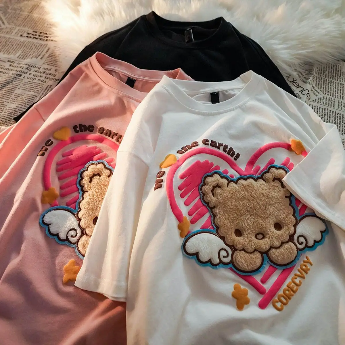 Heart Print Plush Bear Super Cute T Shirts Women Oversized Cotton Tops Summer Tees 2021 New Fashion Female Vintage T-shirt