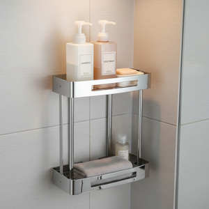 Étagère de douche murale à 2 niveaux en acier inoxydable, finition polie, design rectangulaire, gain de place - Product Image 2