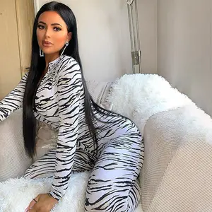 Seksi kadın giysileri 2021 yüksek yaka kadın Zebra desen tulumlar uzun kollu fermuarlı-up Bodycon tulumlar ve tulum