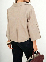 Chemisier en jean rayé pour femme, coupe oversize, court, épaules tombantes, manches trois-quarts, col boutonné, décontracté, style navetteur