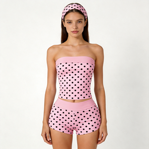 Completo Estivo da Donna a Pois 3 Pezzi con Fascia per Capelli, Top a Tubino, Pantaloncini Pieghevoli in Vita, Outfit Casual in Spandex e Cotone Morbido per Uso Quotidiano - Product Image 4