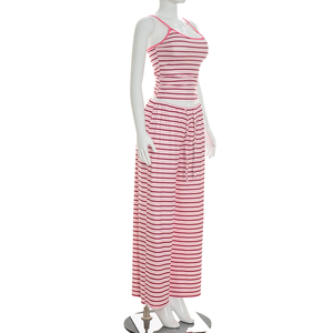 Viviblook Y26ST110 Women Spring Summer <b>Set</b> Striped Vest Top High Drawstring Straight Loose Pants Two Piece Casual <b>Set</b> - Product Image 2