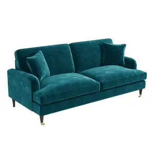 3 seater solid wooden construction teal blue velvet crushed velvet sofa