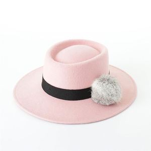 X1270 Gorras Unisex de Lana Británica con Copa Plana, Adorno de Bola de Pelo de Conejo, de Moda para Mujer, con Ala Ancha, para Iglesia y Exteriores - Product Image 2