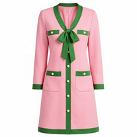 Robe en tricot Ponte pour femme, rose avec bordure verte, boutonnée sur le devant, élégante, tenue grecque de sororité, formelle, décontractée, mode