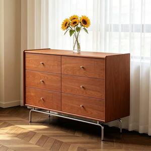 Premium Curved Edge Solid Wood 6 <b>Drawer</b> Dresser Large Storage Mid Century Modern Sideboard Vintage <b>Walnut</b> Cabinet With Metal Leg - Product Image 2