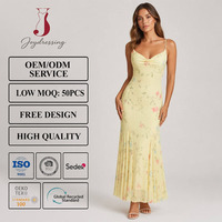 Robe longue élégante Joydressing jaune à motifs floraux, sexy, à fines bretelles, col drapé, en mousseline, pour fêtes d'été, vente en gros, personnalisable