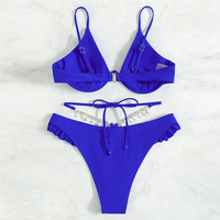 Maillot de bain deux pièces FS Micro Bikini Oil Dance bleu, dos nu, ajouré, orné de strass, à franges, avec armatures, push-up et volants